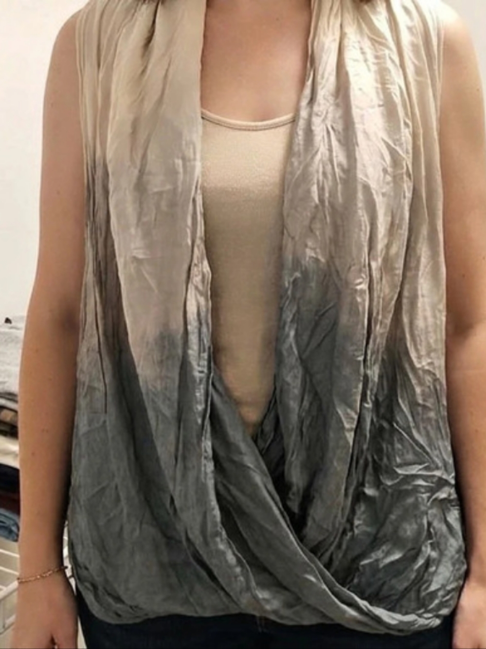 Silk Blend With Attached Cotton T Shirt Blouse/Tank Top in Gray & Cream Like New